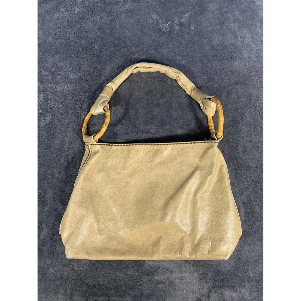 Plinio Visona Italy Tan Leather Bamboo Handle Hobo Shoulder Bag Leopard Lining